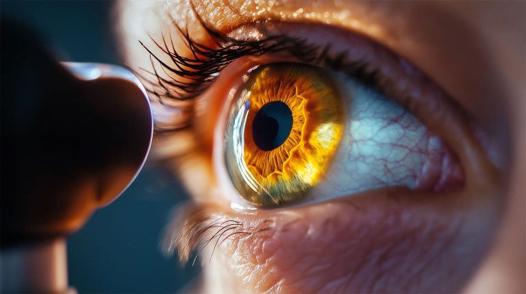 Close up illustration of eye exam using slit lamp checking for injury or vision loss
